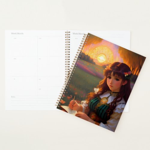 Cute Sad Anime Style Woman in Meadow at Sunset Planner