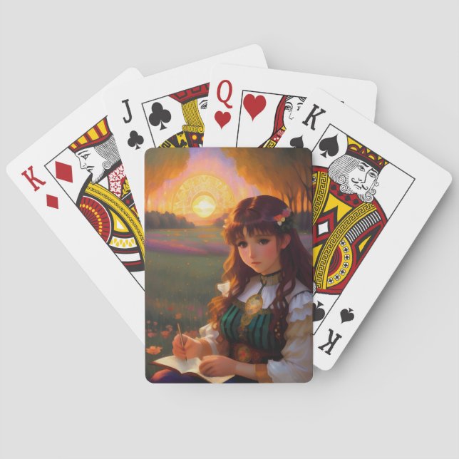 Cute Sad Anime Style Woman in Meadow at Sunset Poker Cards (Back)