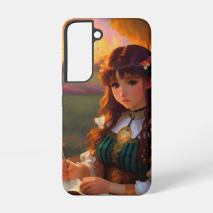 Cute Sad Anime Style Woman in Meadow at Sunset Samsung Galaxy S22 Case