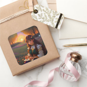 Cute Sad Anime Style Woman in Meadow at Sunset Square Sticker