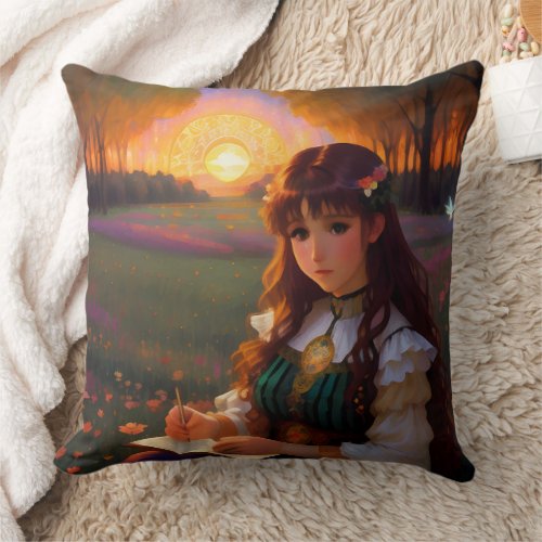 Cute Sad Anime Style Woman in Meadow at Sunset Throw Pillow