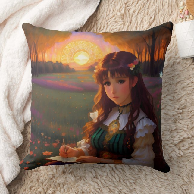 Cute Sad Anime Style Woman in Meadow at Sunset Throw Pillow (Blanket)
