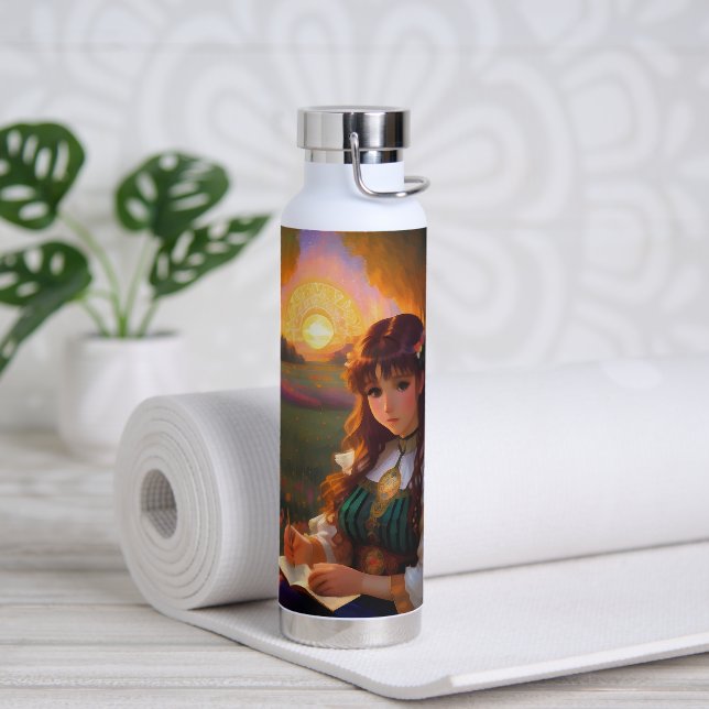 Cute Sad Anime Style Woman in Meadow at Sunset Water Bottle (Yoga)