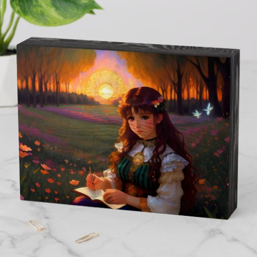 Cute Sad Anime Style Woman in Meadow at Sunset Wooden Box Sign