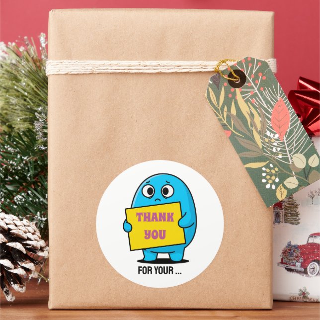 Cute Sad Blue Character Thank You  Classic Round Sticker (Holiday)