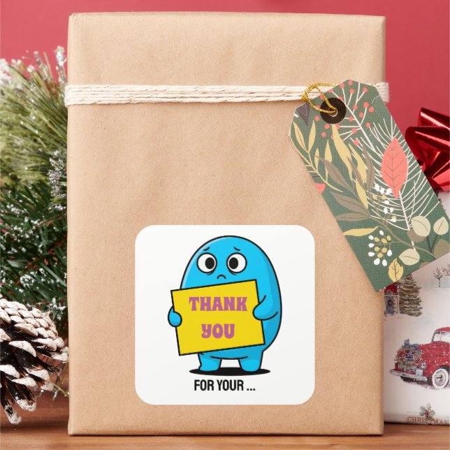 Cute Sad Blue Character Thank You  Square Sticker (Holiday)