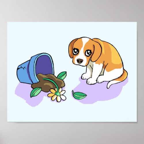 Cute Sad Brown Beagle Puppy Dog Drawing Poster