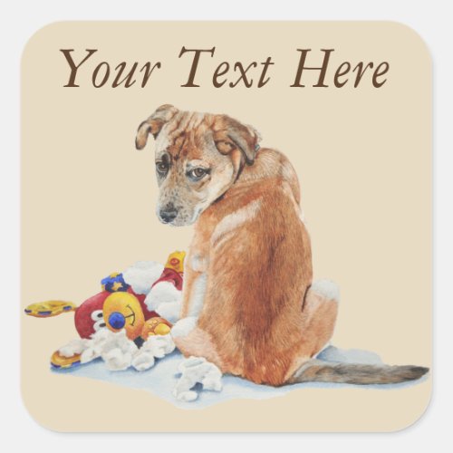 cute sad brown puppy with torn teddy sorry dog square sticker
