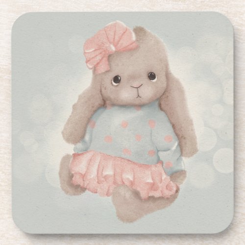  Cute sad bunny with a pink bow and dress Beverage Coaster