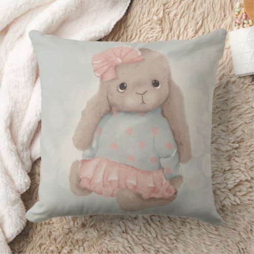 Cute sad bunny with a pink bow and dress throw pillow