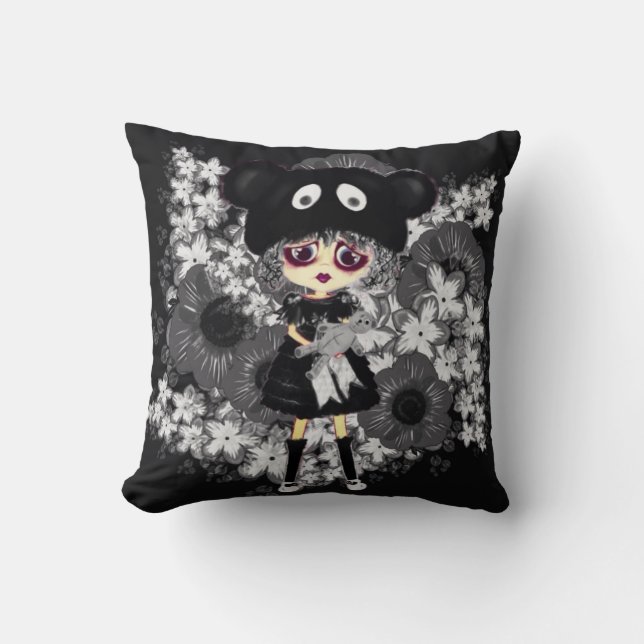 Cute Sad Gothic Girl Kawaii PinkyP by LeahG Throw Pillow (Front)