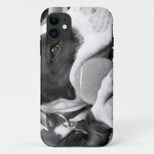 cute sad looking pitbull dog black white with ball iPhone 11 case