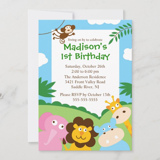 Cute Safari 1st Birthday Invitation (Front)