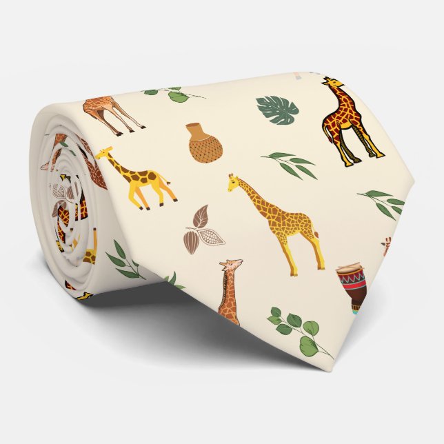 Cute Safari Africa Themed Giraffe Beige Tribal  Neck Tie (Rolled)