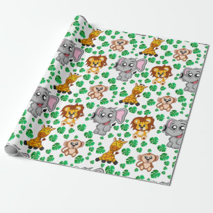 Cute Safari Animal Cartoon Jungle Pattern Birthday Wrapping Paper