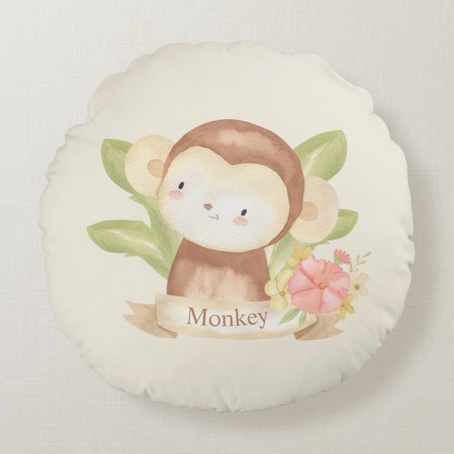 Cute Safari Animal Green Stripes Baby Monkey Baby Round Pillow (Front)