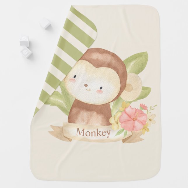Cute Safari Animal Green Stripes Baby Monkey Blanket (In Situ)