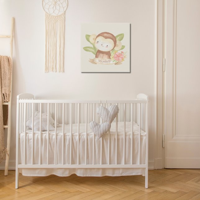 Cute Safari Animal Green Stripes Baby Monkey Faux Canvas Print (Creator Uploaded)