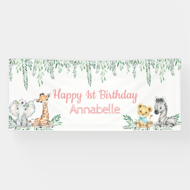 Cute Safari Animal Greenery Jungle First Birthday Banner (Horizontal)