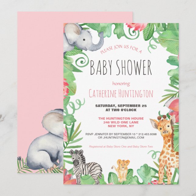 Cute Safari Animal Topical Floral Baby Shower  Invitation (Front/Back)