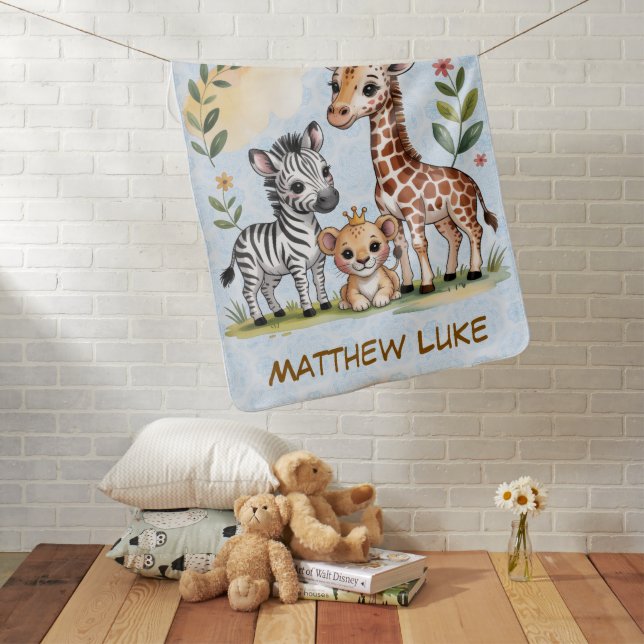 Cute Safari Animal Trio Boy Baby Shower Gift Blanket (In Situ)