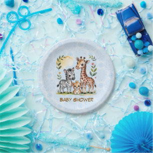 Cute Safari Animal Trio Boy Baby Shower Paper Plates