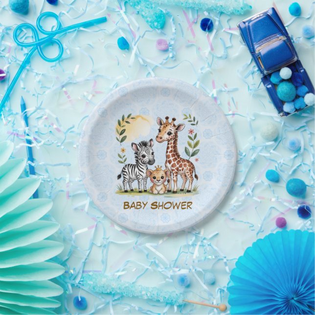 Cute Safari Animal Trio Boy Baby Shower Paper Plates (Party)