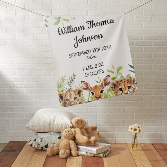 Cute Safari Animals Baby Birth Stats Blanket (In Situ)