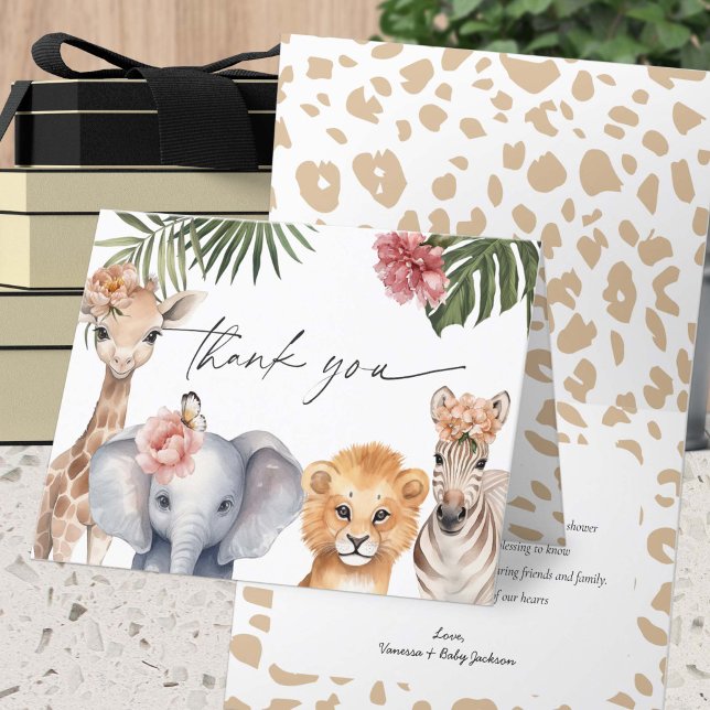 Cute Safari Animals baby Girl Shower Thank You Card (Baby Girl Shower Safari Animals, A little Wild One is on Her way themed Baby Shower Thank You cards.)