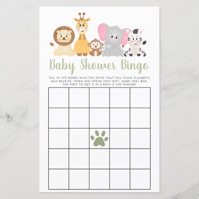 Cute Safari Animals Baby Shower Bingo Game (Front)