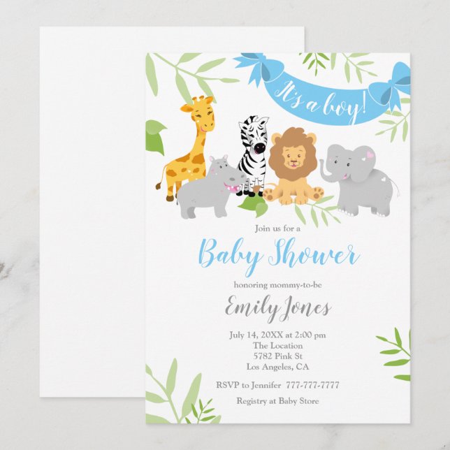 Cute Safari Animals Baby Shower Boy Invitation (Front/Back)