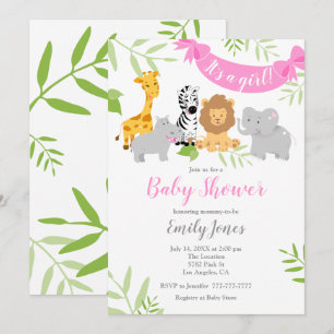 Cute Safari Animals Baby Shower Girl Invitation