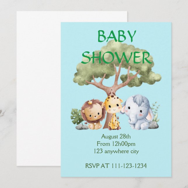 Cute safari animals baby shower invitation (Front/Back)
