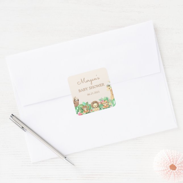 Cute Safari Animals Baby Shower Square Sticker (Envelope)