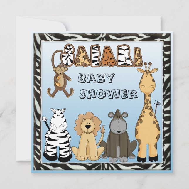 Cute Safari Animals Blue Baby Boy Shower Invitation (Front)