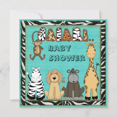 Cute Safari Animals Blue Baby Boy Shower Invitation