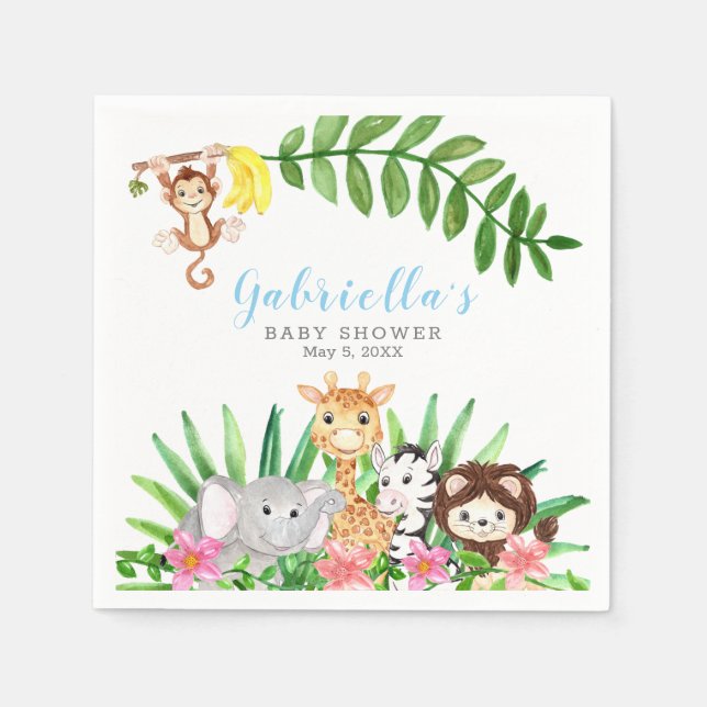 Cute Safari Animals | Blue Baby Boy Shower Napkins (Front)
