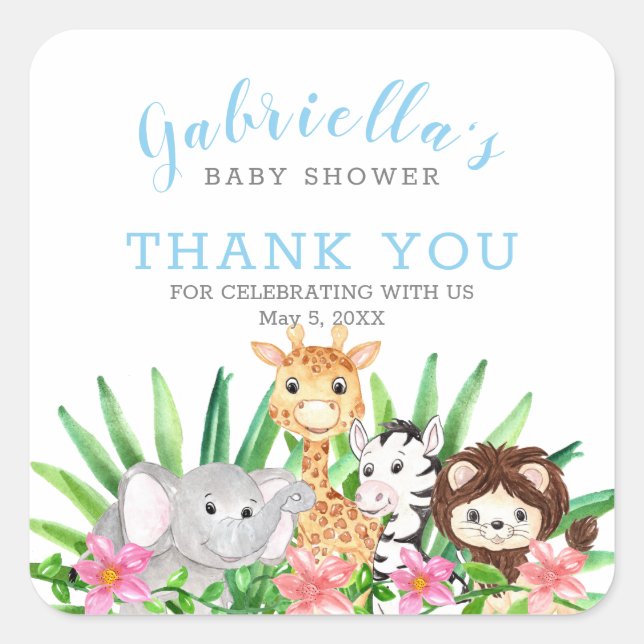 Cute Safari Animals |Blue Baby Shower Thank You Square Sticker (Front)