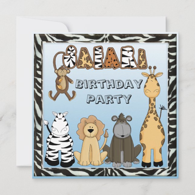 Cute Safari Animals Blue Birthday Party Invitation (Front)
