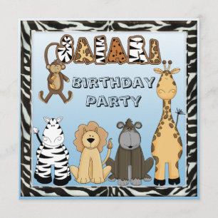 Cute Safari Animals Blue Birthday Party Invitation