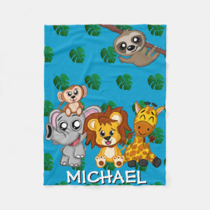 Cute Safari Animals Blue Cartoon Jungle Name Boy Fleece Blanket
