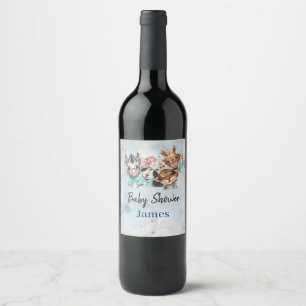 Cute Safari Animals blue jungle Wine Label