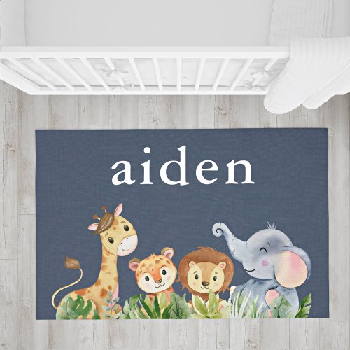 Cute Safari Animals Blue Nursery Rug