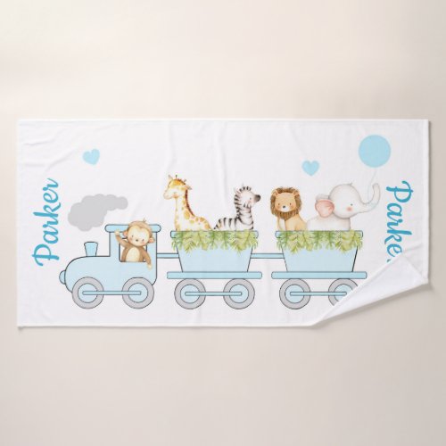 Cute Safari Animals Blue Train Baby Boy Name Bath Towel