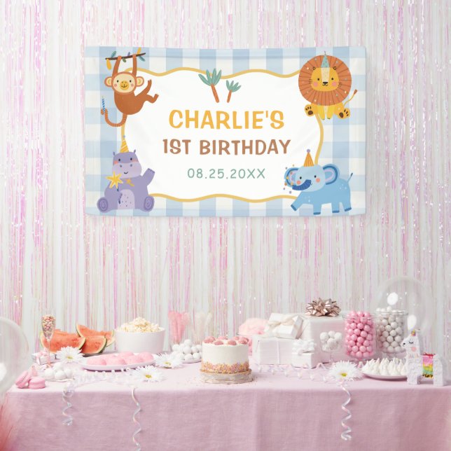 Cute Safari Animals Boy 1st Birthday Banner (Party)