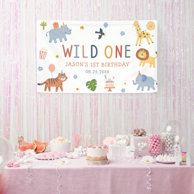 Cute Safari Animals Boy 1st Birthday Banner (Party)