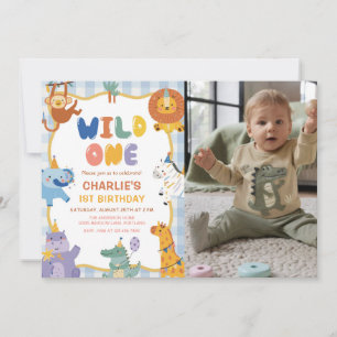 Cute Safari Animals Boy 1st Birthday Photo Invitation