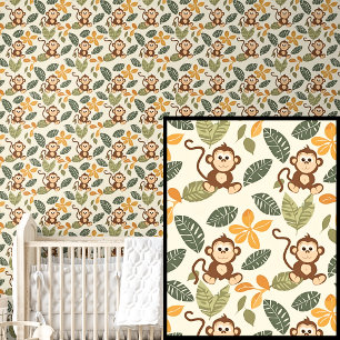 Cute Safari Animals Brown Orange Monkeys & Leaves Wallpaper