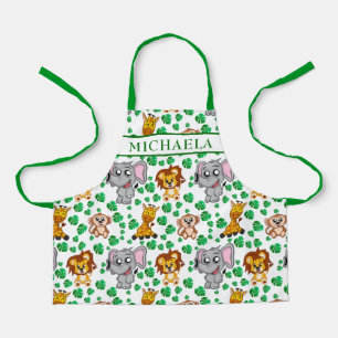 Cute Safari Animals Cartoon Jungle Pattern Name Apron