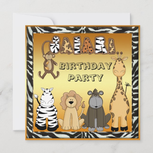 Cute Safari Animals Chic Gold Birthday Party Invitation (Front)